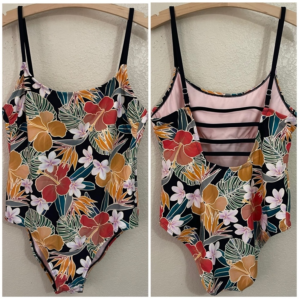 HURLEY Womens One Piece Swimsuit Hibiscus Floral Strappy Back XL